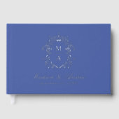 Elegante Chinoiserie Crest Monogram Blauw Huwelijk Gastenboek (Voorkant)