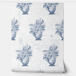 Elegante Chinoiserie Engels Bloemen Blauw en Wit Behang