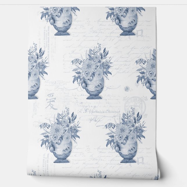 Elegante Chinoiserie Engels Bloemen Blauw en Wit Behang (Afrollen)