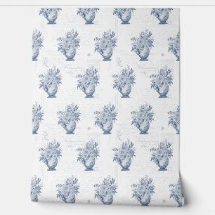 Elegante Chinoiserie Engels Bloemen Blauw en Wit Behang