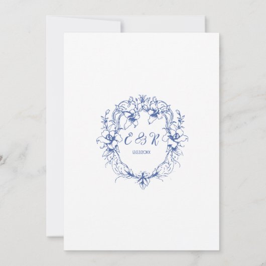 Elegante Chinoiserie Franse Blauwe Toile Bloemen Kaart (Achterkant)