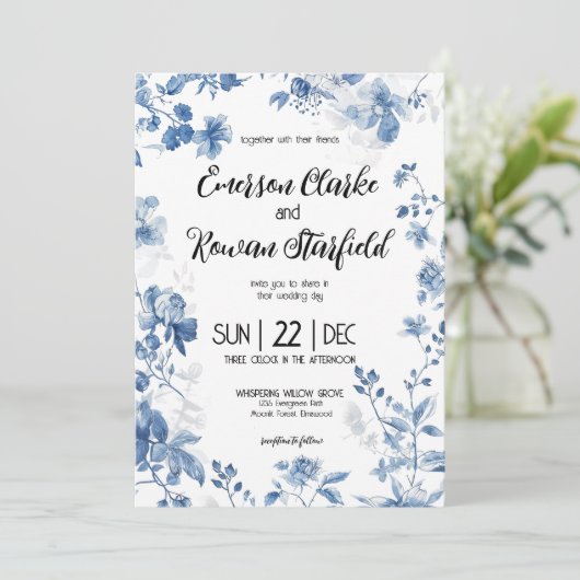 Elegante Chinoiserie Franse Blauwe Toile Bloemenpr Kaart (Staand voorkant)