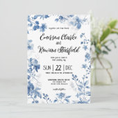 Elegante Chinoiserie Franse Blauwe Toile Bloemmoti Kaart (Staand voorkant)