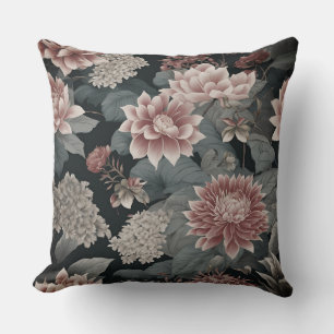 Elegante Chinoiserie Grijs en Raspberry Bloemen Kussen