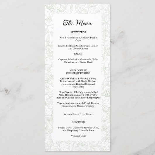 Elegante Chinoiserie Groene Bloemige Bruiloft Menu (Voorkant)