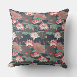 Elegante Chinoiserie Lotus Bloem Rood en Bruin Kussen