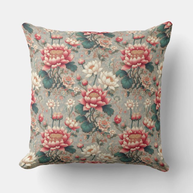 Elegante Chinoiserie Lotus Kussen (Voorkant)