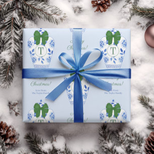 Elegante Chinoiserie Monogram Vrolijk Kerstfeest Cadeaupapier