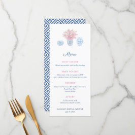 Elegante Chinoiserie Navy & Roze Vrijgezellenfeest Menu