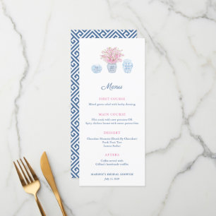 Elegante Chinoiserie Navy & Roze Vrijgezellenfeest Menu
