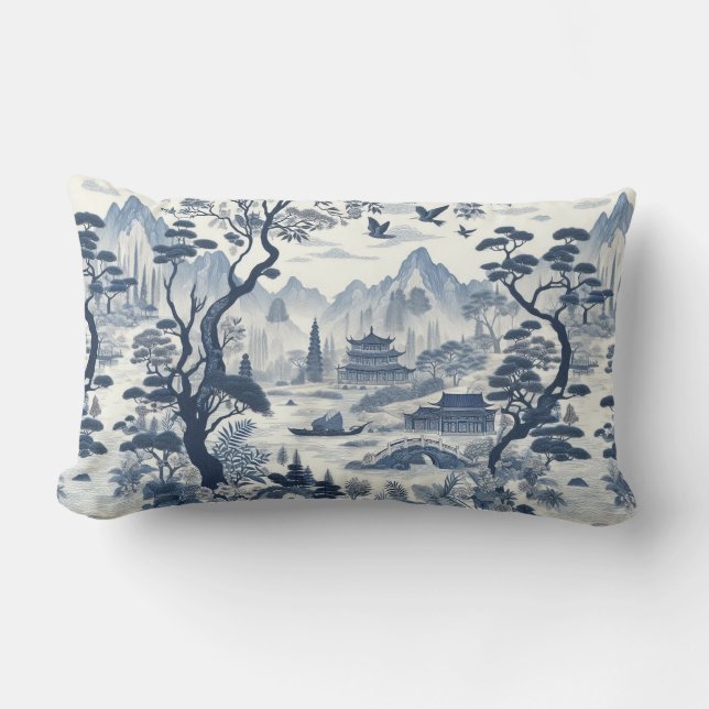 Elegante Chinoiserie Pagoda Blauw & Wit Schilderac Kussen (Voorkant)