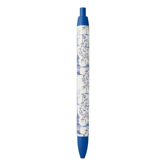 Elegante Chinoiserie Pagoda bomen blauw Zwarte Inkt Pen (Voorkant Verticaal)