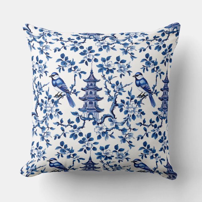 Elegante Chinoiserie Pagoda en vogels Kussen (Voorkant)