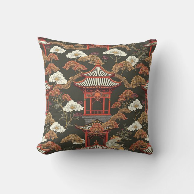 Elegante Chinoiserie Pagoda Zwart Rood Buitenkussen (Voorkant)