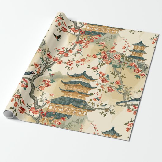 Elegante Chinoiserie - Pagodes, Bloesems en Vogels Cadeaupapier (Uitgerold)