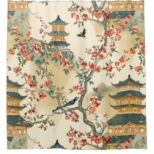 Elegante Chinoiserie - Pagodes, Bloesems en Vogels Douchegordijn