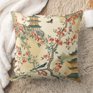 Elegante Chinoiserie - Pagodes, Bloesems en Vogels Kussen