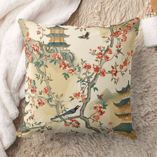 Elegante Chinoiserie - Pagodes, Bloesems en Vogels Kussen (Deken)