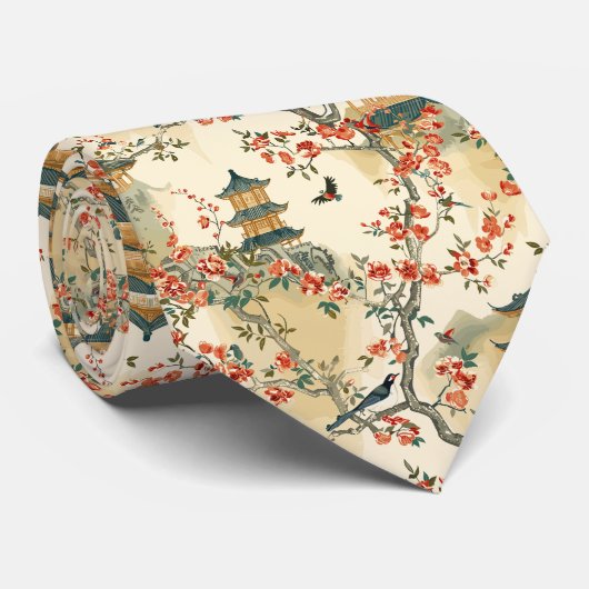 Elegante Chinoiserie - Pagodes, Bloesems en Vogels Stropdas (Opgerold)
