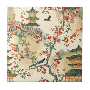 Elegante Chinoiserie - Pagodes, Bloesems en Vogels Tegeltje