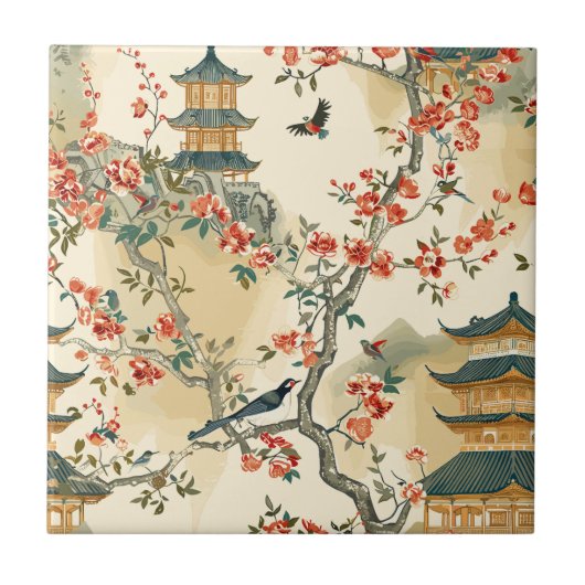 Elegante Chinoiserie - Pagodes, Bloesems en Vogels Tegeltje (Voorkant)