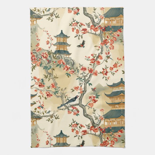 Elegante Chinoiserie - Pagodes, Bloesems en Vogels Theedoek (Verticaal)