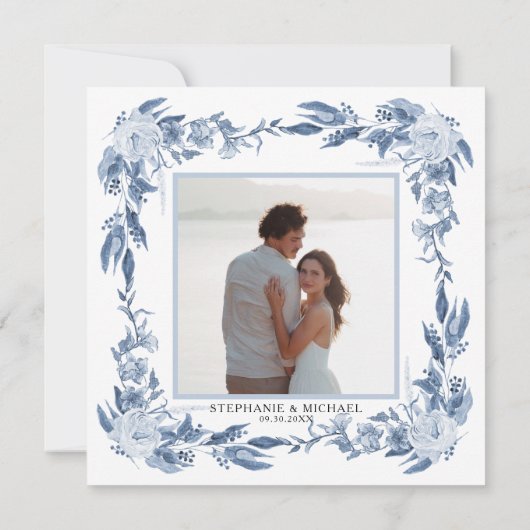 Elegante Chinoiserie Pioen Bloemen Blauw Bruiloft Kaart (Achterkant)