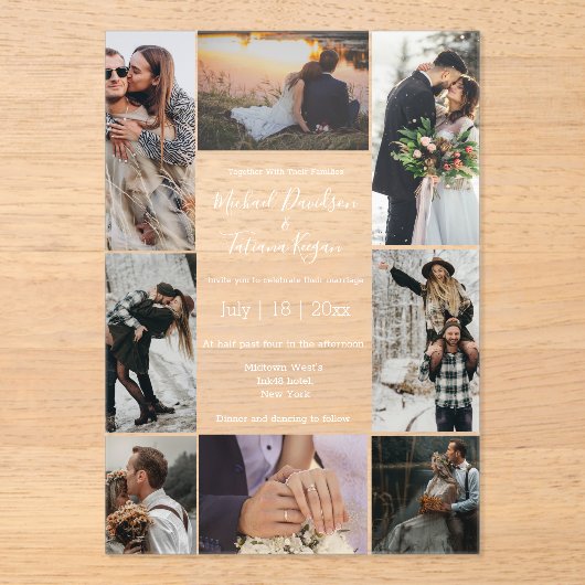Elegante chique 8 foto's collage moderne bruiloft acryl uitnodigingen (Voorkant)