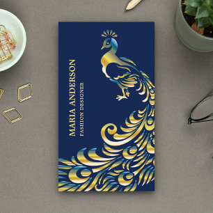 Elegante Chique Blauwe Gouden Folie Glanzende Pauw Visitekaartje
