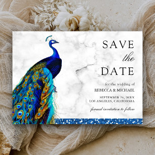 Elegante chique blauwe pauw Indiase bruiloft Save The Date