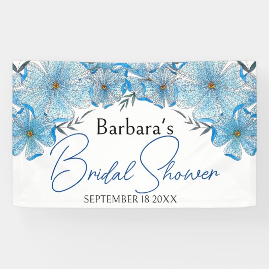 Elegante chique blauwe watercolor bloemen bruidsdo spandoek (Horizontaal)