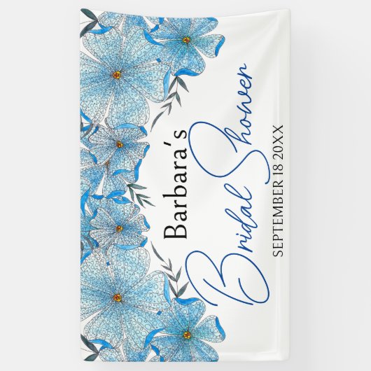 Elegante chique blauwe watercolor bloemen bruidsdo spandoek (Verticaal)