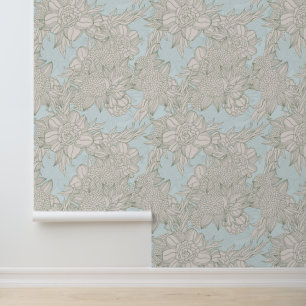 Elegante Chique Bleke Blauwe Salie Rozen & Dahlia  Behang