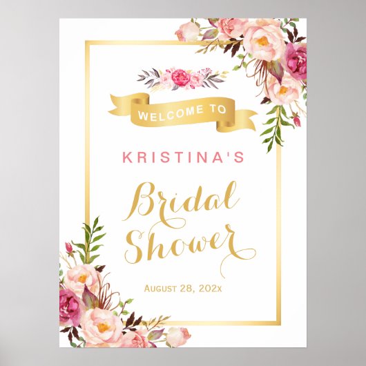 Elegante chique bloem gouden lijst bruidsdouche poster (Voorkant)