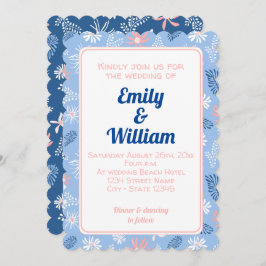 Elegante chique bloemenstoffige blauwe bruiloft ui kaart