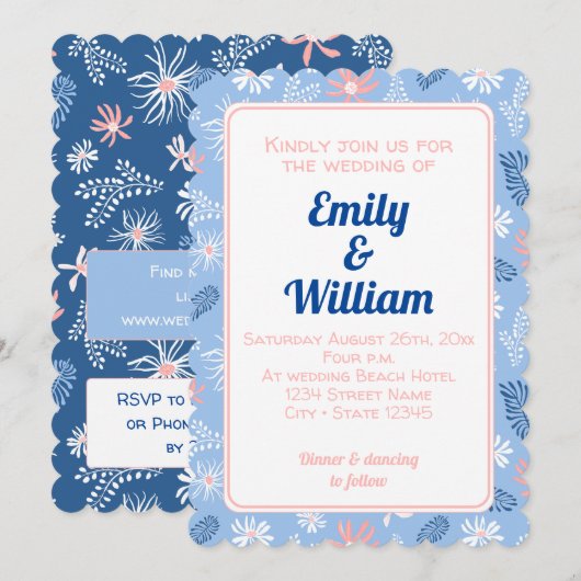 Elegante chique bloemenstoffige blauwe bruiloft ui kaart (Voorkant / Achterkant)