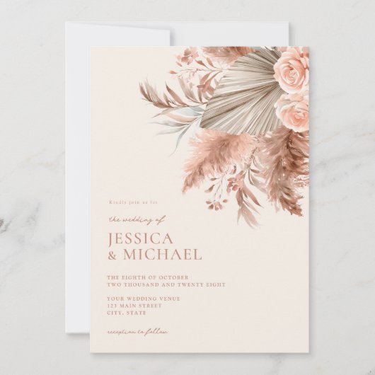 Elegante chique Boho Pampas Bloemenbruiloft Kaart (Voorkant)