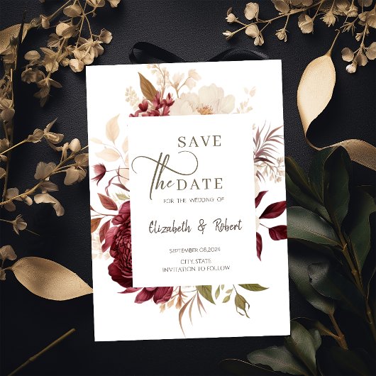 Elegante chique bordeaux bloemen save the date