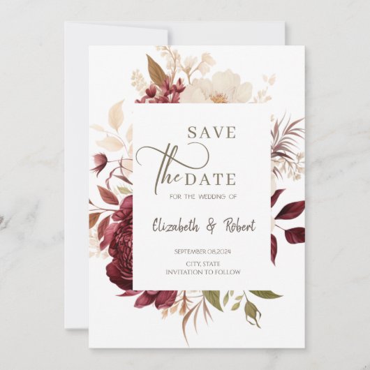 Elegante chique bordeaux bloemen save the date (Voorkant)