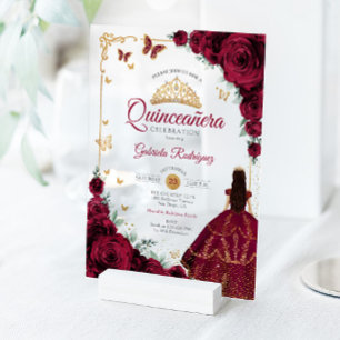 Elegante chique bordeauxrozen gouden Quinceanera Acryl Uitnodigingen
