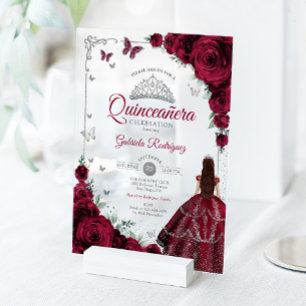 Elegante chique bordeauxrozen zilver Quinceanera Acryl Uitnodigingen