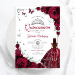 Elegante chique Bourgondische Rozen Bloemen Quince Kaart<br><div class="desc">Bourgondische maroon rood,  zilver en wit Quinceanera viering uitnodiging. Beschikt over brunette meisje in bal jurk,  script lettertype,  zilveren vlinders,  donkerrode rozen en tiara. Perfect voor een elegante prinses stijl glam viering. Personaliseer met je eigen gegevens. Gedrukte Zazzle-uitnodigingen of direct download digitale afdrukbare sjabloon.</div>