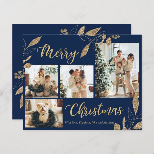 Elegante chique foto kerstkaart in navyblauw en go (Voorkant / Achterkant)