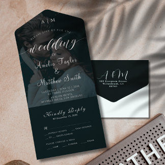 Elegante Chique Foto Zwart-Wit RSVP Bruiloft All In One Uitnodiging