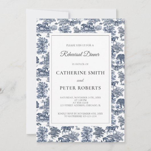 Elegante chique Franse Blue Horse Toile Kaart (Voorkant)