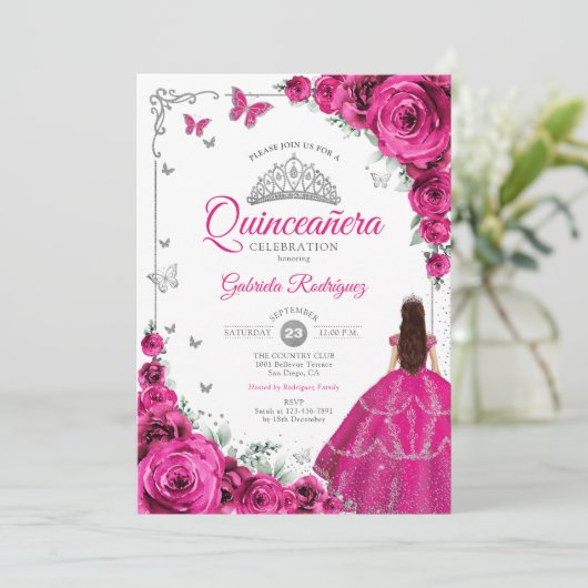 Elegante chique fuchsia roze rozen bloemenquincean kaart (Staand voorkant)