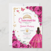 Elegante chique fuchsia roze rozen goud quinceaner kaart (Voorkant)