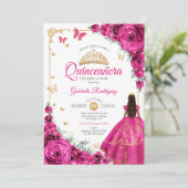 Elegante chique fuchsia roze rozen goud quinceaner kaart (Staand voorkant)