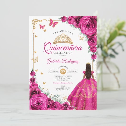 Elegante chique fuchsia roze rozen goud quinceaner kaart (Staand voorkant)