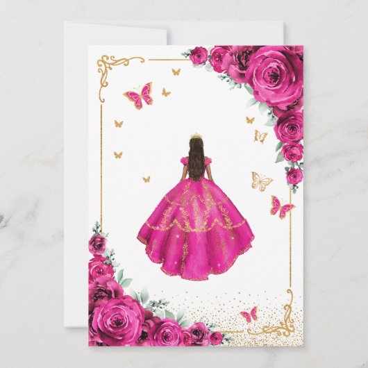 Elegante chique fuchsia roze rozen goud quinceaner kaart (Achterkant)